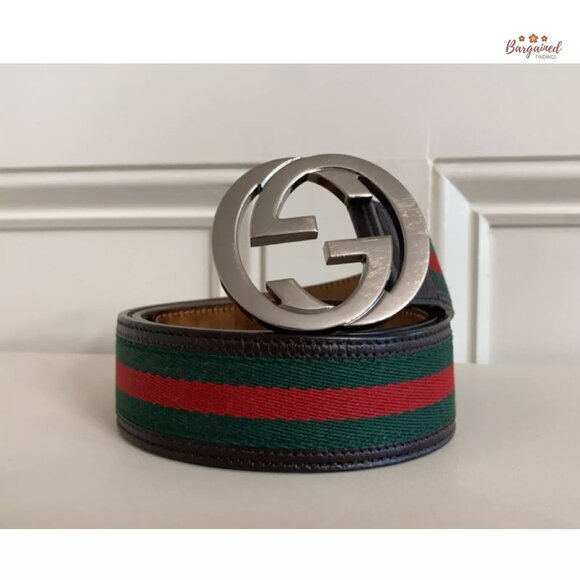 Authentic Gucci Web Canvas Brown Leather Silver Interlocking G Buckle Belt 85/34 - Picture 12 of 12